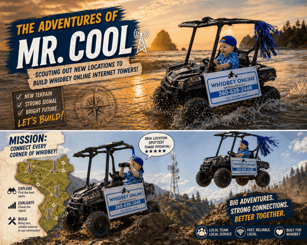 Baby driving an ATV to scout for new internet tour locations.